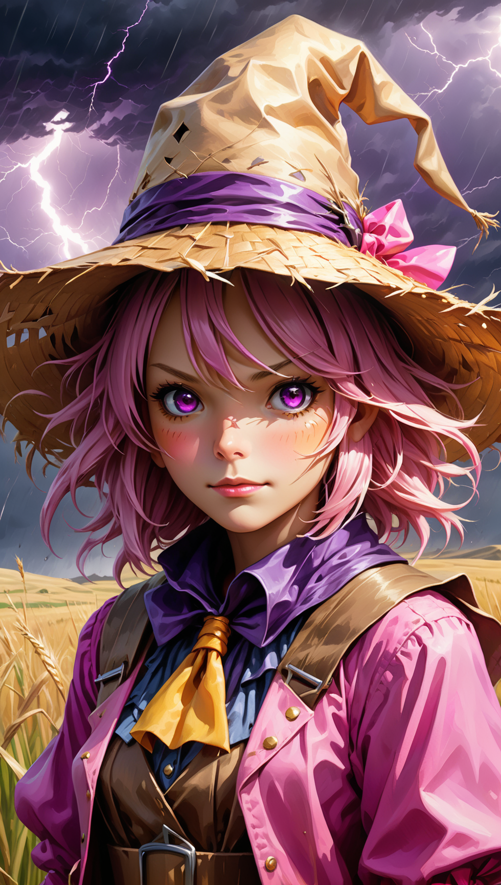 02307-3641297664-A Card Art. Close Up shot, oil painting , ultra detailed illustration of Scarecrow girl, pink and purple clothes, straw hat, bac.png